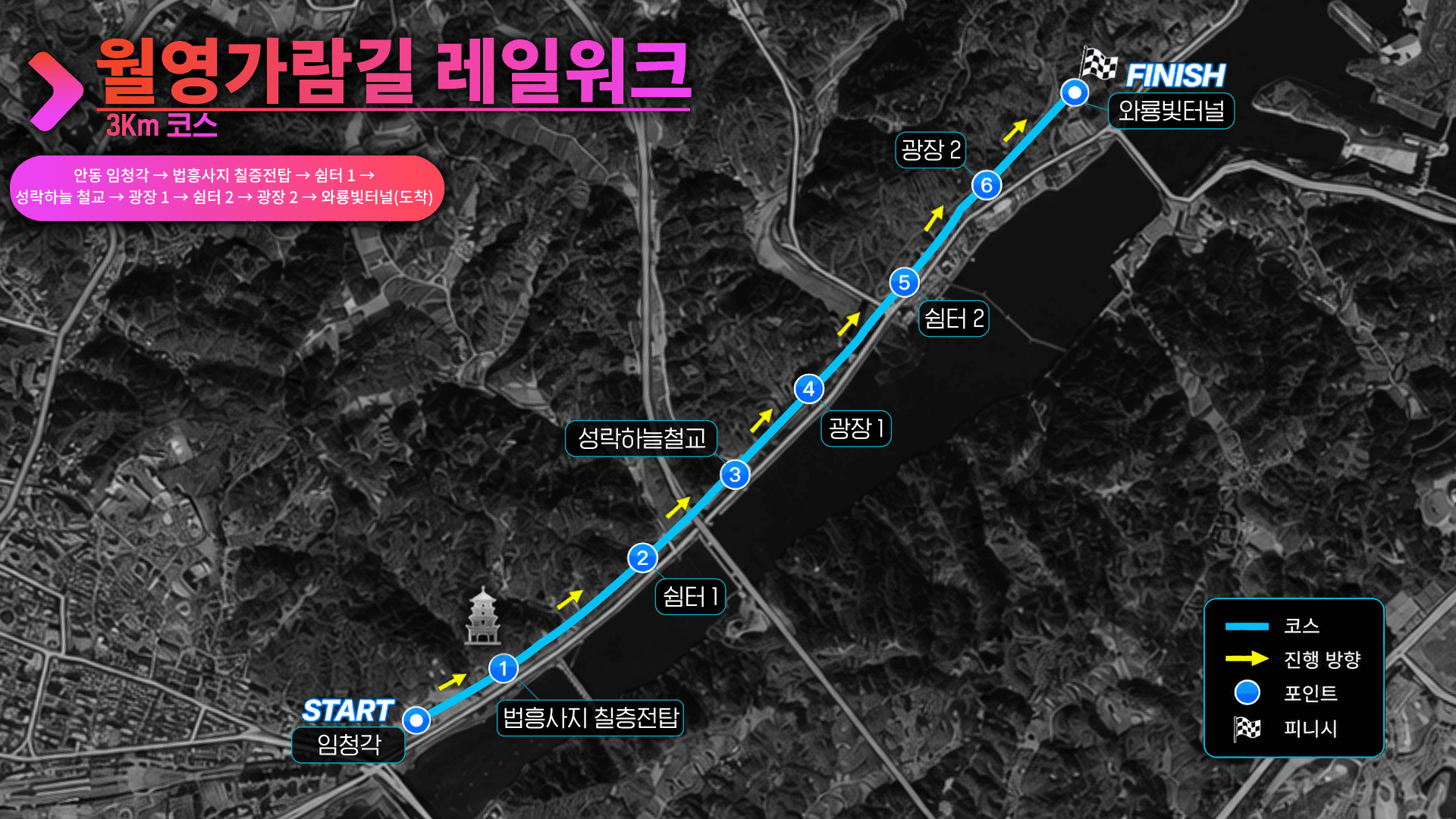 월영가람길 레일워크 코스맵 — 임청각부터 와룡터널까지 약 3km
